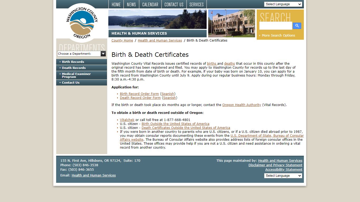 Birth & Death Certificates - Washington County, Oregon