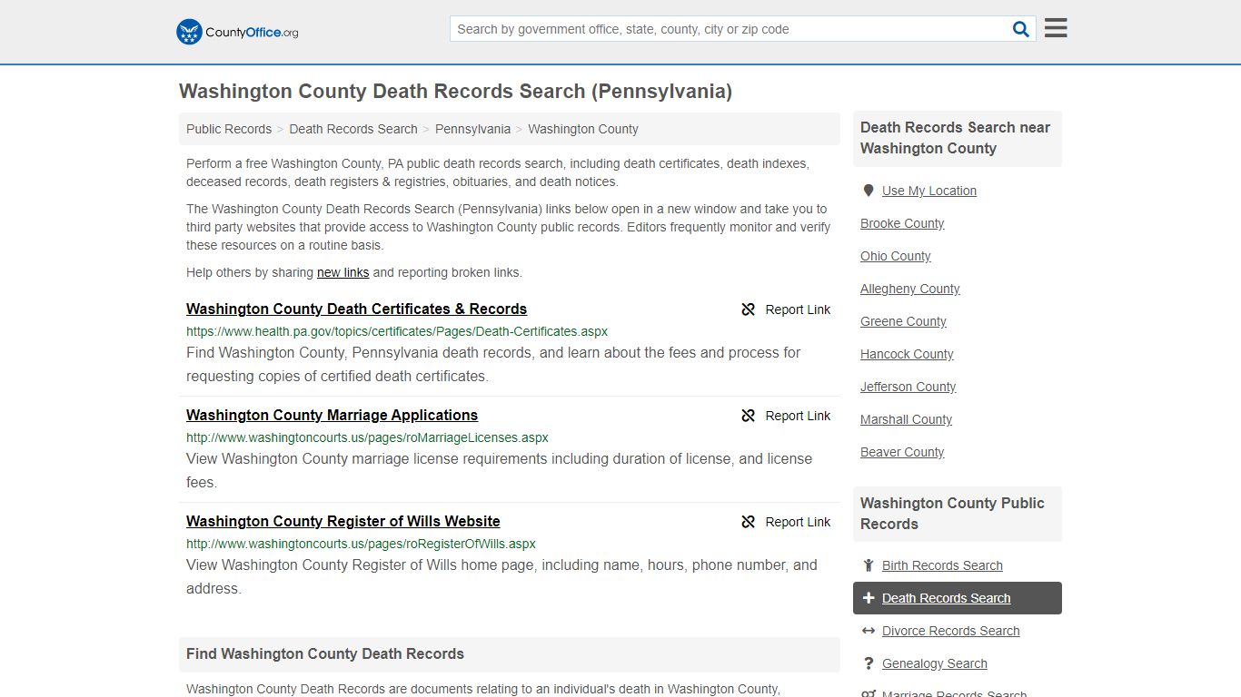 Death Records Search - Washington County, PA (Death ...